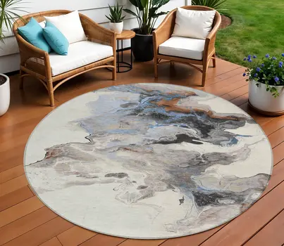 8' Beige Gray And Copper Round Abstract Washable Indoor Outdoor Area Rug