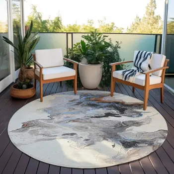 8' Beige Gray And Copper Round Abstract Washable Indoor Outdoor Area Rug