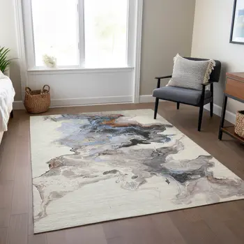 8' X 10' Beige Gray And Copper Abstract Washable Indoor Outdoor Area Rug
