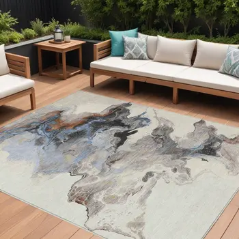9' X 12' Beige Gray And Copper Abstract Washable Indoor Outdoor Area Rug