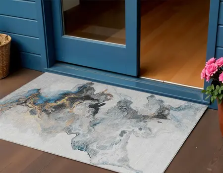 3' X 5' Gray Silver And Blue Abstract Washable Indoor Outdoor Area Rug