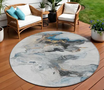 8' Gray Silver And Blue Round Abstract Washable Indoor Outdoor Area Rug