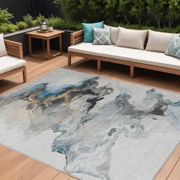 8' X 10' Gray Silver And Blue Abstract Washable Indoor Outdoor Area Rug