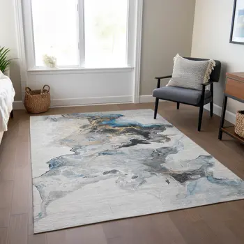 10' X 14' Gray Silver And Blue Abstract Washable Indoor Outdoor Area Rug