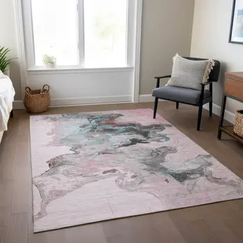 3' X 5' Pink Gray And Silver Abstract Washable Indoor Outdoor Area Rug