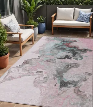 5' X 8' Pink Gray And Silver Abstract Washable Indoor Outdoor Area Rug