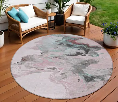8' Pink Gray And Silver Round Abstract Washable Indoor Outdoor Area Rug
