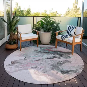 8' Pink Gray And Silver Round Abstract Washable Indoor Outdoor Area Rug