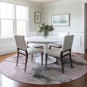 8' Pink Gray And Silver Round Abstract Washable Indoor Outdoor Area Rug