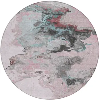 8' Pink Gray And Silver Round Abstract Washable Indoor Outdoor Area Rug