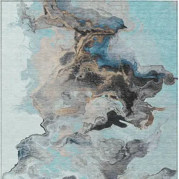 3' X 5' Teal Blue Gold And Gray Abstract Washable Indoor Outdoor Area Rug