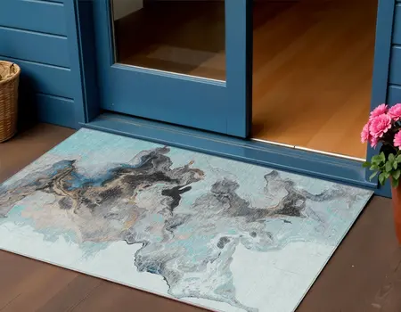 3' X 5' Teal Blue Gold And Gray Abstract Washable Indoor Outdoor Area Rug