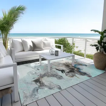 3' X 5' Teal Blue Gold And Gray Abstract Washable Indoor Outdoor Area Rug