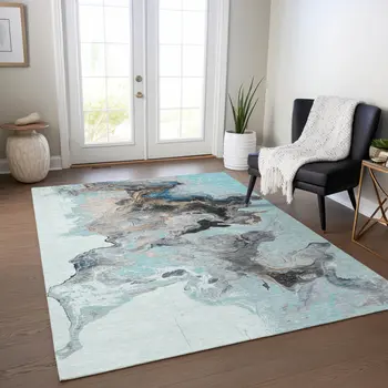3' X 5' Teal Blue Gold And Gray Abstract Washable Indoor Outdoor Area Rug