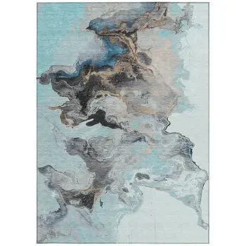 5' X 8' Teal Blue Gold And Gray Abstract Washable Indoor Outdoor Area Rug