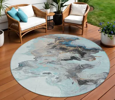 8' Teal Blue Gold And Gray Round Abstract Washable Indoor Outdoor Area Rug