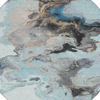 8' Teal Blue Gold And Gray Round Abstract Washable Indoor Outdoor Area Rug