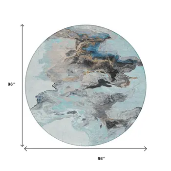 8' Teal Blue Gold And Gray Round Abstract Washable Indoor Outdoor Area Rug