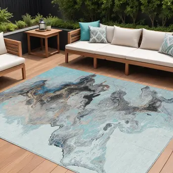 8' X 10' Teal Blue Gold And Gray Abstract Washable Indoor Outdoor Area Rug