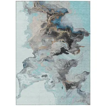 9' X 12' Teal Blue Gold And Gray Abstract Washable Indoor Outdoor Area Rug
