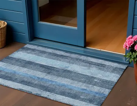 3' X 5' Blue And Gray Striped Washable Indoor Outdoor Area Rug