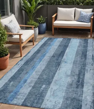 5' X 8' Blue And Gray Striped Washable Indoor Outdoor Area Rug
