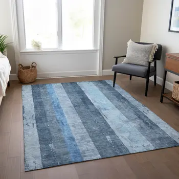 5' X 8' Blue And Gray Striped Washable Indoor Outdoor Area Rug