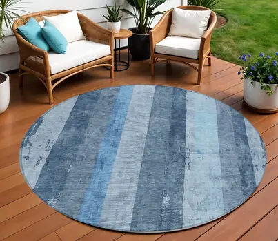 8' Blue And Gray Round Striped Washable Indoor Outdoor Area Rug