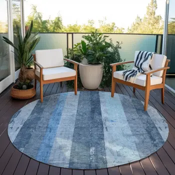 8' Blue And Gray Round Striped Washable Indoor Outdoor Area Rug