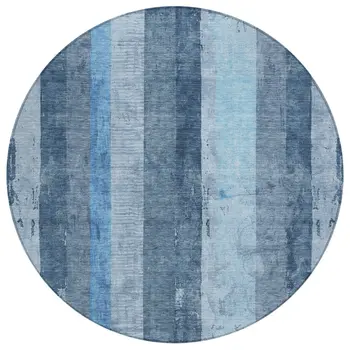8' Blue And Gray Round Striped Washable Indoor Outdoor Area Rug