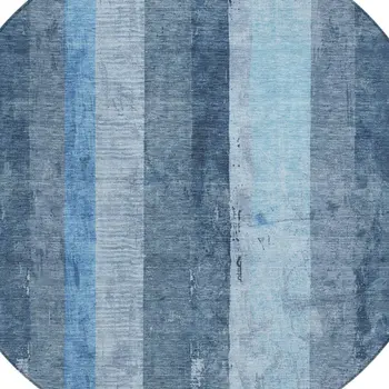 8' Blue And Gray Round Striped Washable Indoor Outdoor Area Rug
