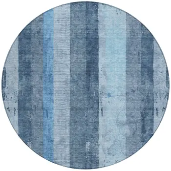 8' Blue And Gray Round Striped Washable Indoor Outdoor Area Rug
