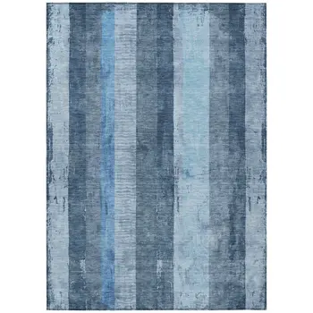 9' X 12' Blue And Gray Striped Washable Indoor Outdoor Area Rug
