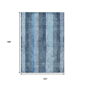 10' X 14' Blue And Gray Striped Washable Indoor Outdoor Area Rug