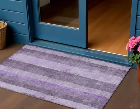 3' X 5' Purple And Lilac Striped Washable Indoor Outdoor Area Rug