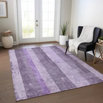 3' X 5' Purple And Lilac Striped Washable Indoor Outdoor Area Rug