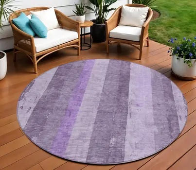 8' Purple And Lilac Round Striped Washable Indoor Outdoor Area Rug
