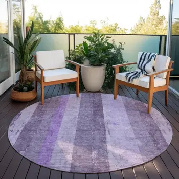 8' Purple And Lilac Round Striped Washable Indoor Outdoor Area Rug