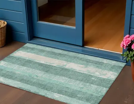 3' X 5' Pale Aqua And Teal Blue Striped Washable Indoor Outdoor Area Rug