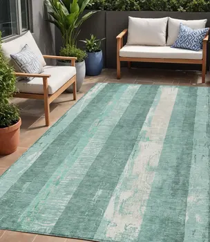 5' X 8' Pale Aqua And Teal Blue Striped Washable Indoor Outdoor Area Rug