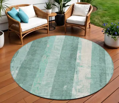 8' Pale Aqua And Teal Blue Round Striped Washable Indoor Outdoor Area Rug