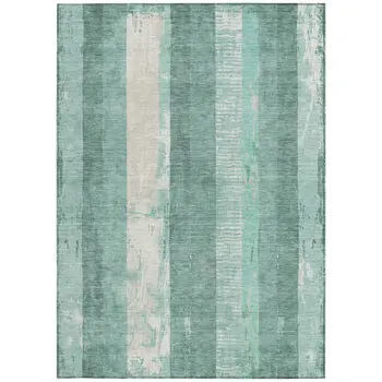 9' X 12' Pale Aqua And Teal Blue Striped Washable Indoor Outdoor Area Rug