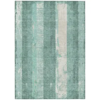 10' X 14' Pale Aqua And Teal Blue Striped Washable Indoor Outdoor Area Rug