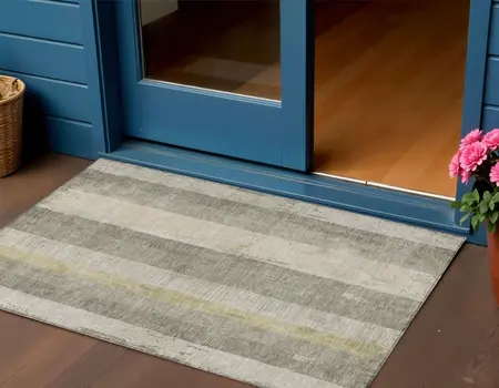 3' X 5' Taupe And Beige Striped Washable Indoor Outdoor Area Rug