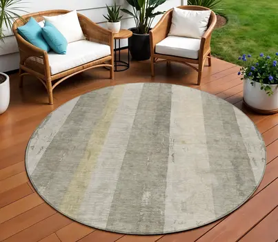 8' Taupe And Beige Round Striped Washable Indoor Outdoor Area Rug