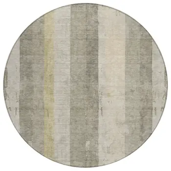 8' Taupe And Beige Round Striped Washable Indoor Outdoor Area Rug