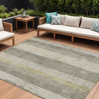 8' X 10' Taupe And Beige Striped Washable Indoor Outdoor Area Rug