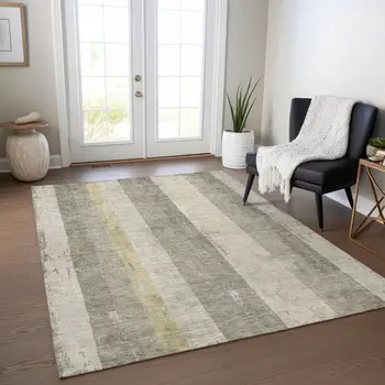 8' X 10' Taupe And Beige Striped Washable Indoor Outdoor Area Rug