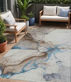 5' X 8' Beige And Blue Abstract Washable Indoor Outdoor Area Rug