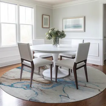 8' Beige And Blue Round Abstract Washable Indoor Outdoor Area Rug